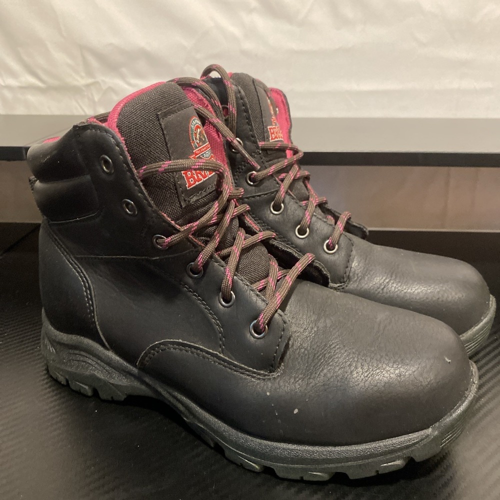Brahma Women's Black & Pink Lace Up Round Steel Toe Ankle Work Boot Size 6.5